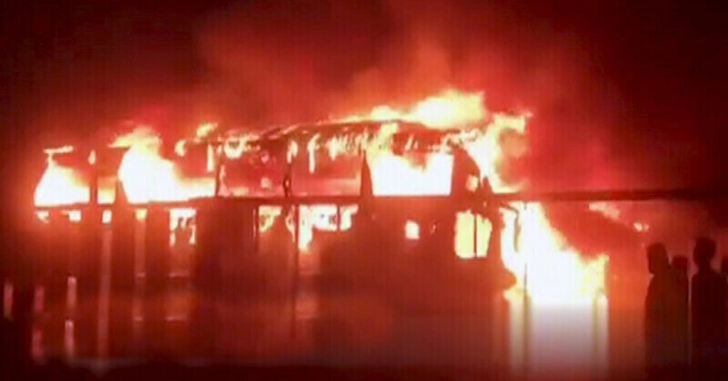 Korangi road accident coach ablaze