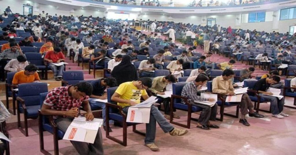 Students taking the MDCAT medical entrance examination in Pakistan.